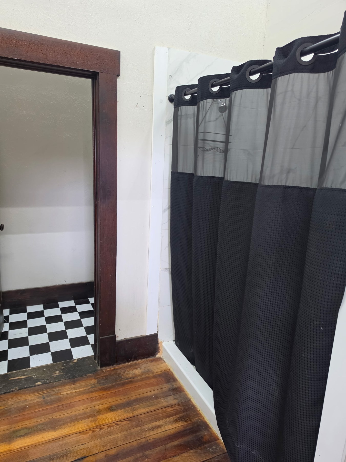 Shower area and bathroom doorway
