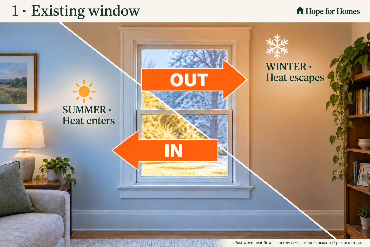 Existing window — winter and summer concept showing illustrative heat transfer