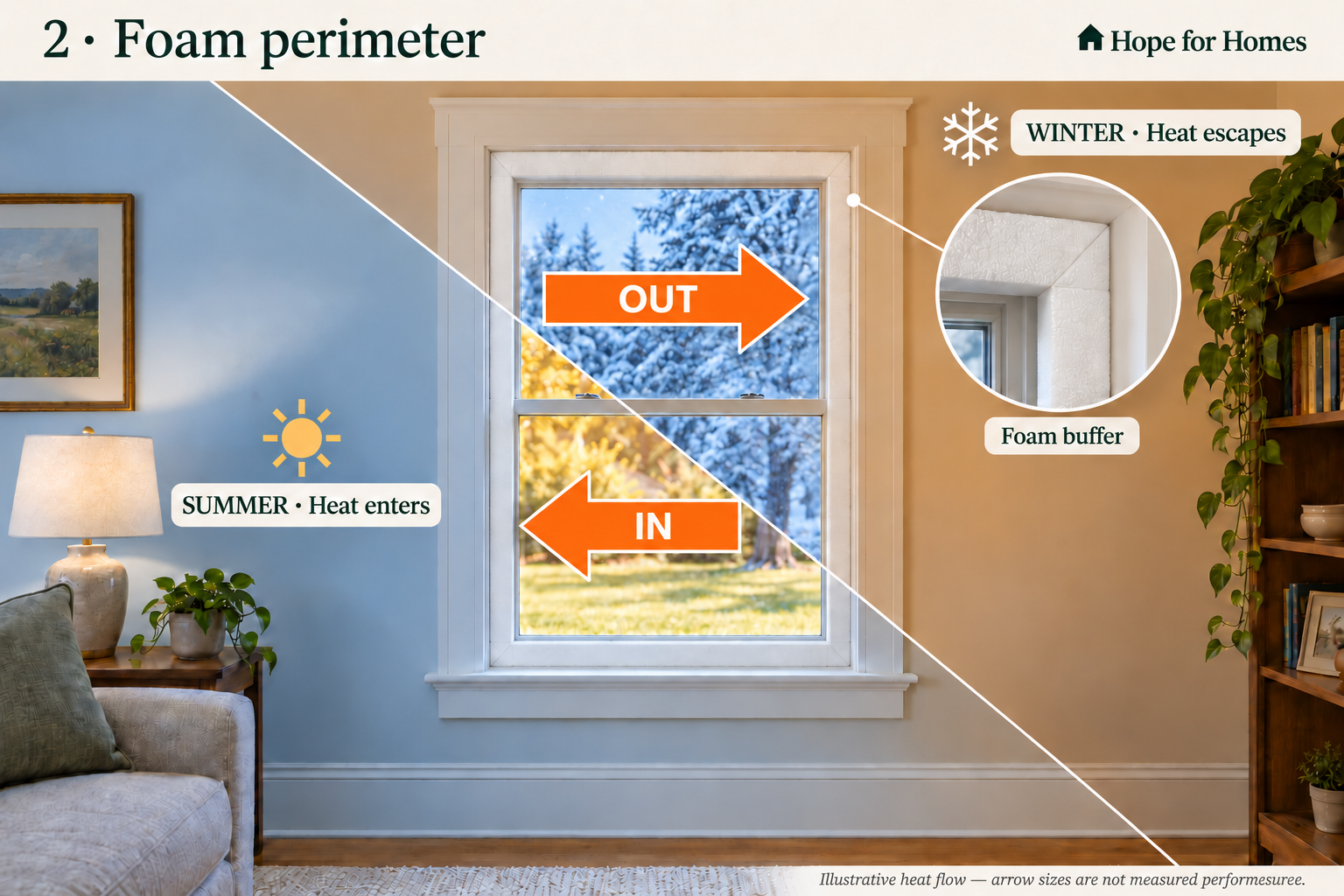 Foam perimeter — winter and summer concept showing illustrative heat transfer