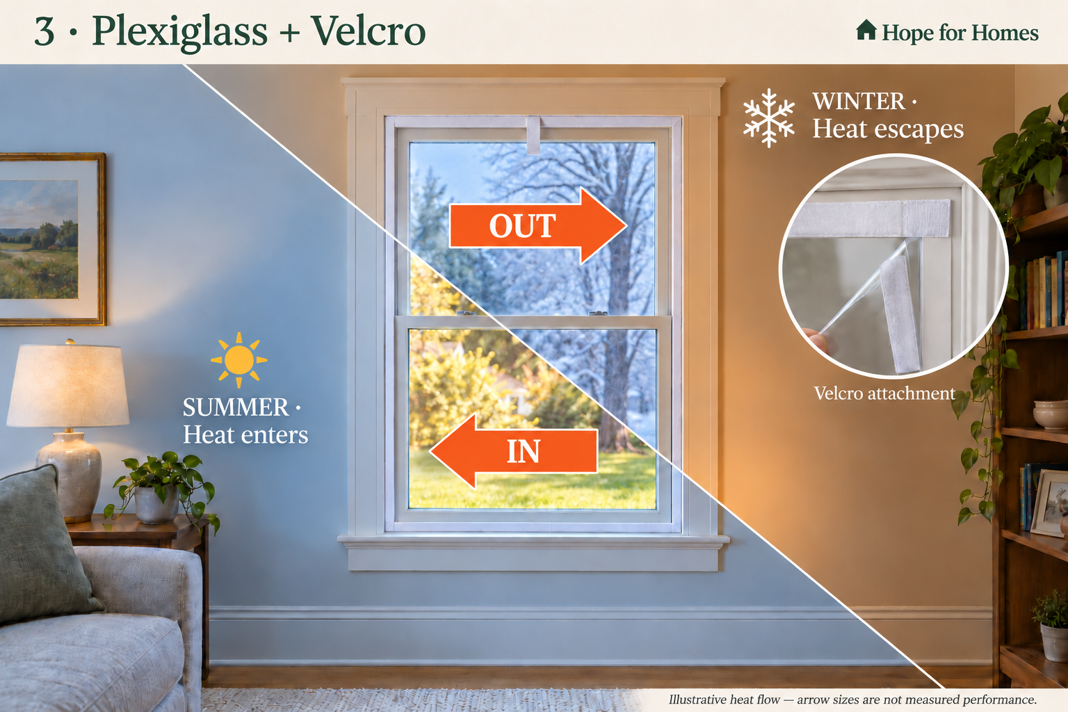 Plexiglass + Velcro — winter and summer concept showing illustrative heat transfer